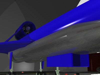 青い戦闘機を低い視点からとらえたCG