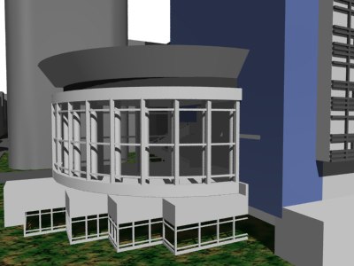 ガラス張りの円形校舎と高層棟を描いた建築CG