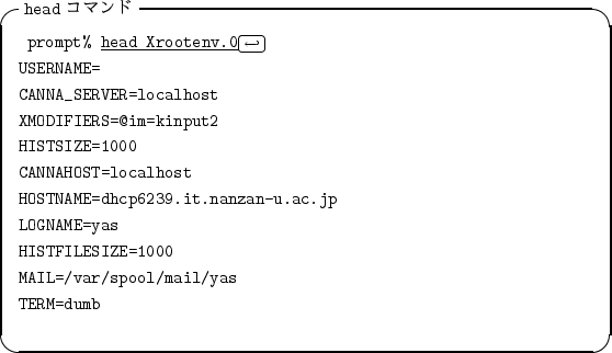 \begin{itembox}[l]{{\tt head} $B%3%^%s%I(B}
\begin{alltt}
\relax{} prompt% \underlin...
...1000
\\ MAIL=/var/spool/mail/yas
\\ TERM=dumb
\\ \relax \end{alltt}\end{itembox}