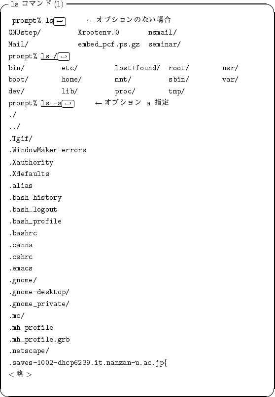 \begin{itembox}[l]{{\tt ls} $B%3%^%s%I(B(1)}
\begin{alltt}
\relax{} prompt% \underli...
...1002-dhcp6239.it.nanzan-u.ac.jp\{}
\\ \(<$BN,(B>\)\\ \relax \end{alltt}\end{itembox}