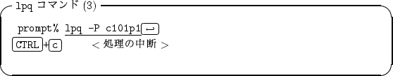 \begin{itembox}[l]{{\tt lpq} $B%3%^%s%I(B(3)}
\begin{alltt}
\relax{} prompt% \underl...
...ox{CTRL}+\ovalbox{c}\ \ \ \ \ \(<$B=hM}$NCfCG(B>\)\\ \relax \end{alltt}\end{itembox}