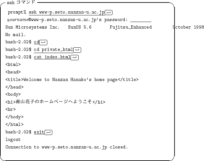 \begin{itembox}[l]{{\tt ssh} ���ޥ��}
\begin{alltt}
\relax{} prompt% \underline...
...nnection to www-p.seto.nanzan-u.ac.jp closed.
\\ \relax \end{alltt}\end{itembox}