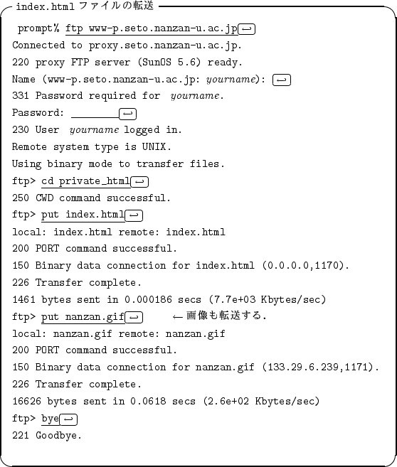 \begin{itembox}[l]{{\tt index.html} �ե������ž��}
\begin{alltt}
\relax{} promp...
...\hookleftarrow\)\hfill\crcr}}
\\ 221 Goodbye.
\\ \relax \end{alltt}\end{itembox}