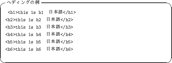 \begin{itembox}[l]{$B%X%G%#%s%0$NNc(B}
\begin{alltt}
\relax{} <h1>this is h1 $BF|K\8l(B<...
... h5 $BF|K\8l(B</h5>
\\ <h6>this is h6 $BF|K\8l(B</h6>
\\ \relax \end{alltt}\end{itembox}