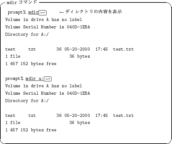 \begin{itembox}[l]{{\tt mdir} ���ޥ��}
\begin{alltt}
\relax{} prompt% \underlin...
...xt
\\ 1 file 36 bytes
\\ 1 457 152 bytes free
\\ \relax \end{alltt}\end{itembox}