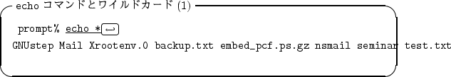 \begin{itembox}[l]{{\tt echo} ���ޥ�ɤȥ磻��ɥ�����(1)}
\begin{alltt}
\relax{...
...p.txt embed_pcf.ps.gz nsmail seminar test.txt
\\ \relax \end{alltt}\end{itembox}