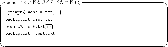 \begin{itembox}[l]{{\tt echo} ���ޥ�ɤȥ磻��ɥ�����(2)}
\begin{alltt}
\relax{...
...ftarrow\)\hfill\crcr}}
\\ backup.txt test.txt
\\ \relax \end{alltt}\end{itembox}